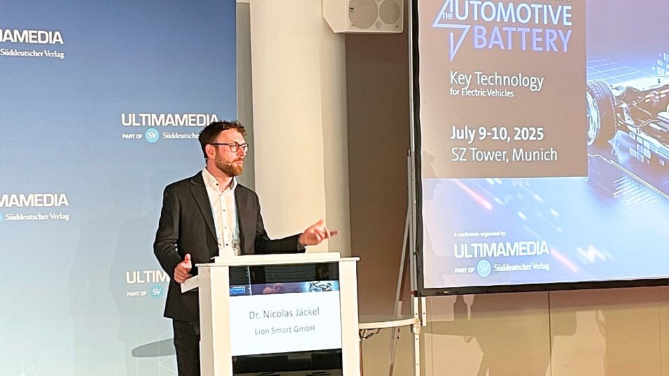 Dr. Nicolas Jäckel during his talk about Battery Management Systems: Recent Developments and Trends at The Automotive Battery – Key Technology for Electric Vehicles 9th - 10th July 2025