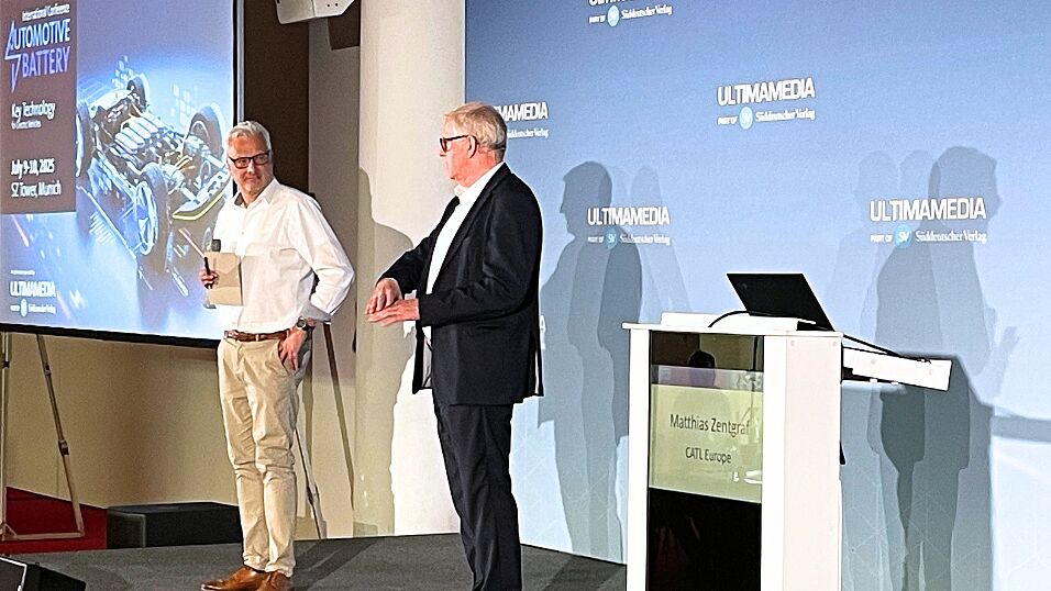 Chairman Peter Gresch and Keynote-Speaker Matthias ZentgrafAdvisor to CEO, CATL Europe, on stage at The Automotive Battery – Key Technology for Electric Vehicles 9th - 10th July 2025