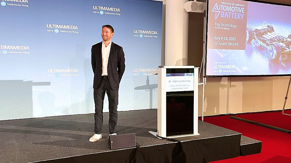Speaker Dr. Matthias Ballweg, Co-Founder, CIRCULAR REPUBLIC by Unternehmer TUM on stage at The Automotive Battery – Key Technology for Electric Vehicles 9th - 10th July 2025